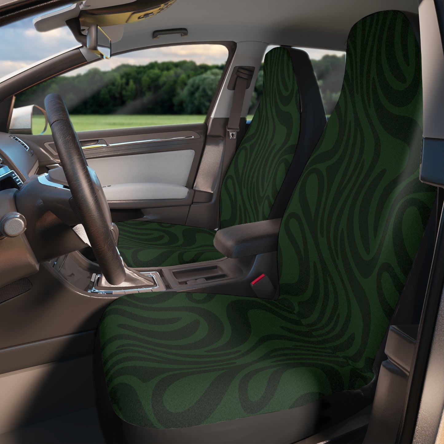 Dark Green Waves Car Seat Covers Set of 2