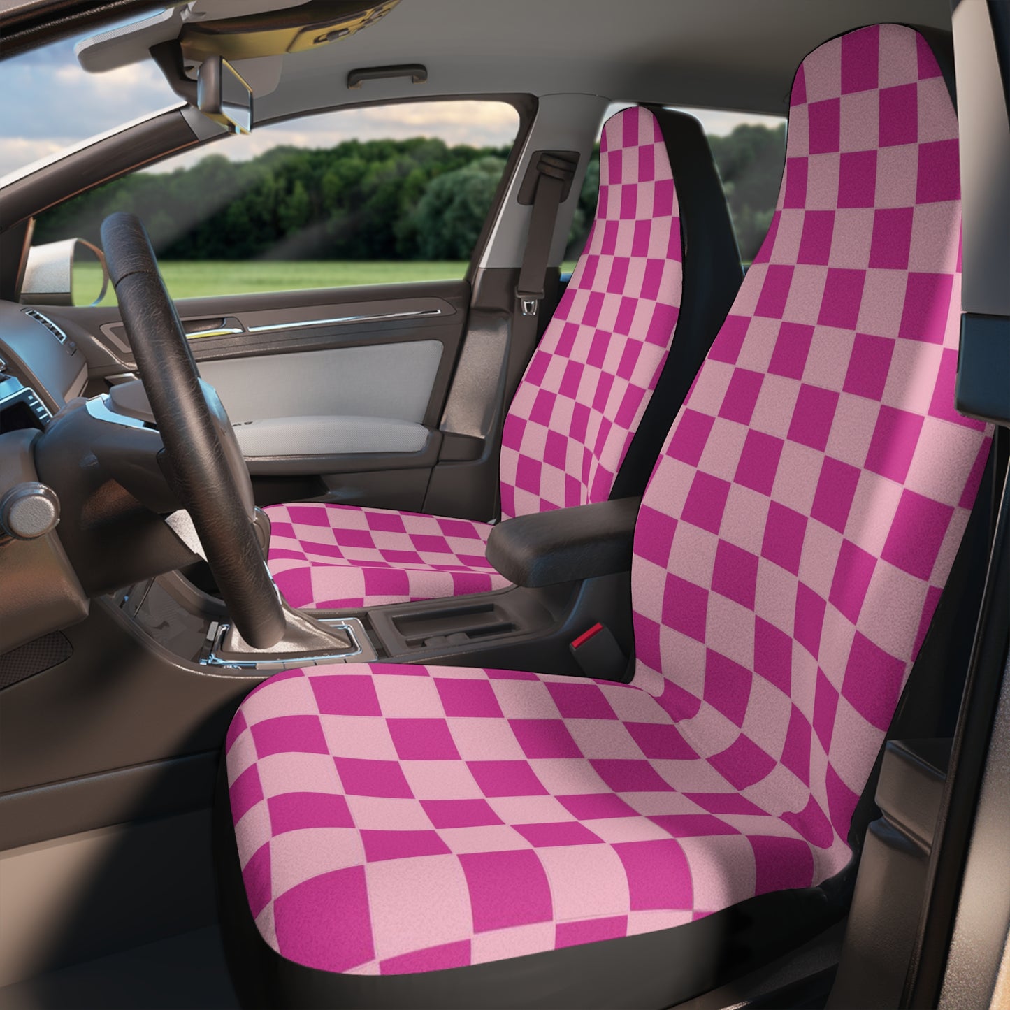 Pink Checkered Seat Covers Set of 2