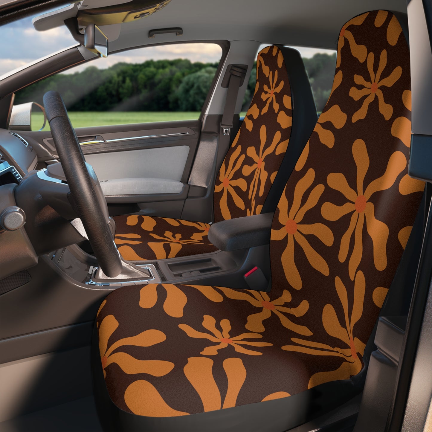 Brown Orange Wavy Flowers Seat Covers Set of 2